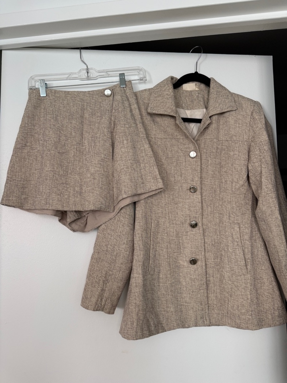 Womens Beige Tweed Blazer Jacket and Skort Set